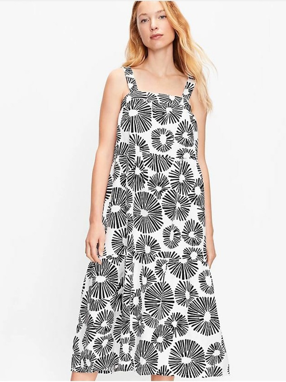 LOFT Black & White Floral-Style Tiered Midi Dress
